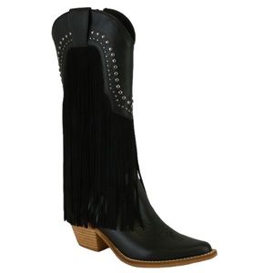 Beast Fashion Black Fringe Antique Stud Embellishment Tall Western Cowboy Boot